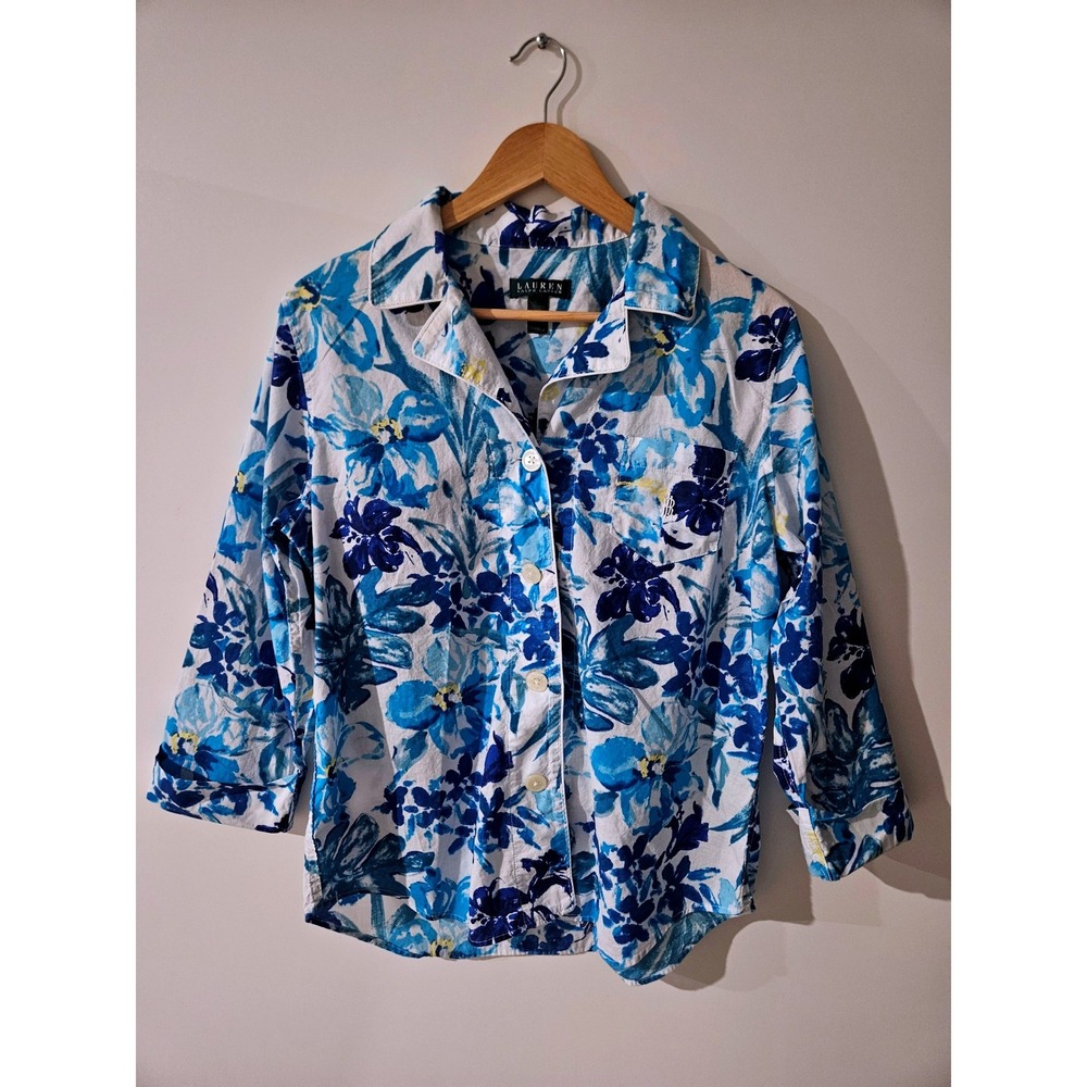 Lauren Ralph Lauren Pajama Set L Blue White Floral Cotton 3/4 Sleeve Capri PJs - Picture 2 of 9